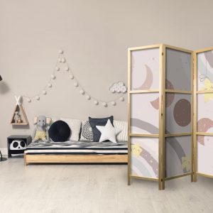 Paravent japonais - Joyful Sky - Yellow cheerful stars with a rainbow against the moon phases - in the sky colored light beige