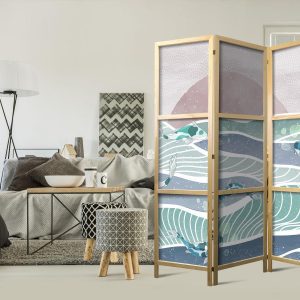 Paravent japonais - Koi Fish Among Waves - Japanese Fish Amidst Waves in Shades of Turquoise and White