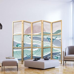 Paravent japonais - Koi Fish Among Waves - Japanese Fish Among Waves in Shades of Turquoise and White