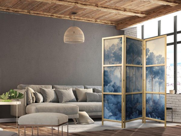 Paravent japonais - Landscape with Trees in Illustrative Style - Fairy-Tale Blue Forest