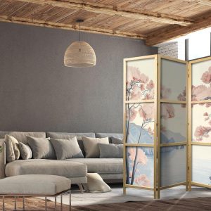 Paravent japonais - Landscape with the Ocean - Cliffs - and Trees in Delicate Pink Shades