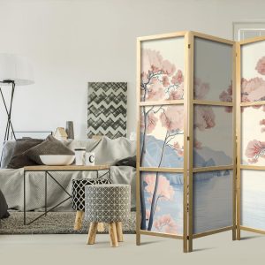 Paravent japonais - Landscape with the Ocean - Cliffs - and Trees in Delicate Pink Shades