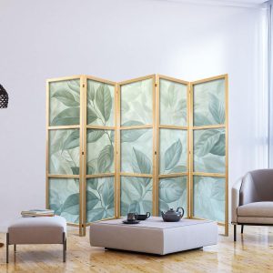 Paravent japonais - Large Leaves in Green-Mint Shades - Botanical Motif