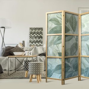 Paravent japonais - Large Leaves in Green-Mint Shades - Botanical Motif