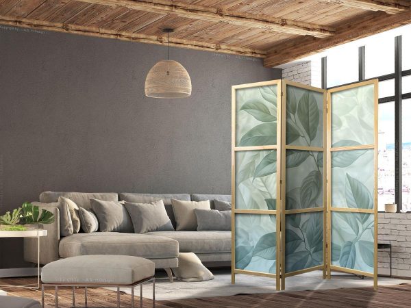Paravent japonais - Large Leaves in Green-Mint Shades - Botanical Motif