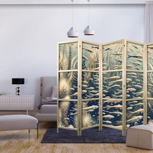 Paravent japonais - Life in The Ocean - Underwater World of Fish And Vegetation in Beige And Navy Colors in Retro Style