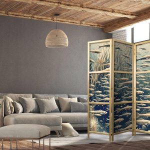 Paravent japonais - Life in the Ocean - Underwater World of Fish and Vegetation in Beige and Navy Retro Style