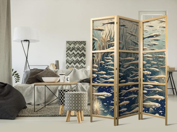 Paravent japonais - Life in the Ocean - Underwater World of Fish and Vegetation in Beige and Navy Retro Style