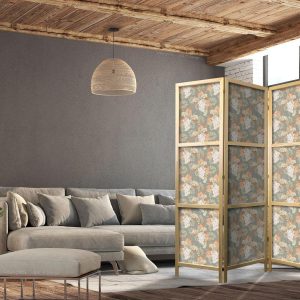 Paravent japonais - Little Bouquets - Exotic Flowers and Leaves on a Gray-Green Background