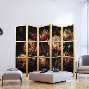 Paravent japonais - Magnificent Tulips - Bouquet of Flowers in Red and White on a Black Background