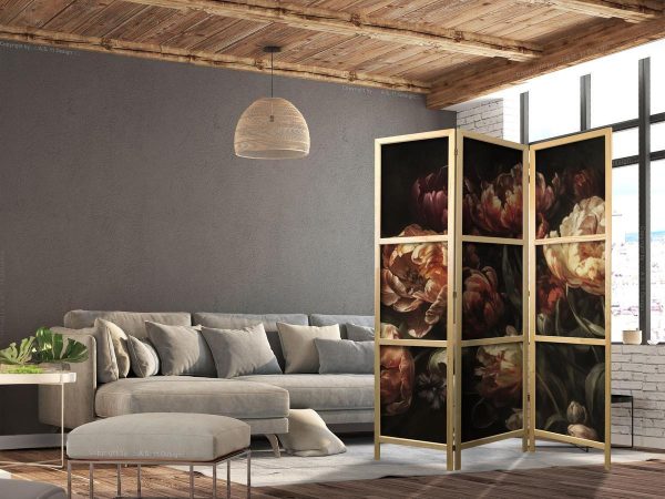 Paravent japonais - Magnificent Tulips - Bouquet of Flowers in Red and White on a Black Background