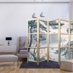 Paravent japonais - Mountainous Coastline with Trees and Rocks in Light Pastel Blues