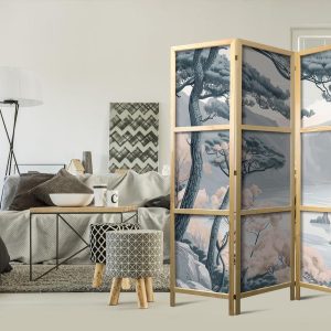 Paravent japonais - Mountainous Coastline with Trees and Rocks in Light Pastel Blues