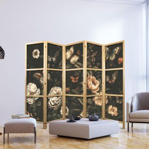 Paravent japonais - Mysterious Garden - Butterflies Flying Over Flowers - Rustic Evening