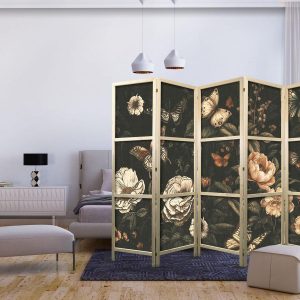 Paravent japonais - Mysterious Garden - Butterflies Flying Over Flowers - Rustic Evening