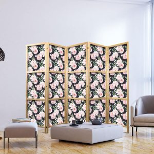 Paravent japonais - Peonies - Pink Flowers and Green Leaves on a Graphite Background