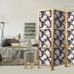 Paravent japonais - Peonies - Pink Flowers and Green Leaves on a Graphite Background