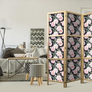 Paravent japonais - Peonies - Pink Flowers and Green Leaves on a Graphite Background