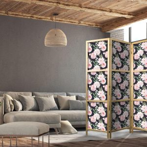 Paravent japonais - Peonies - Pink Flowers and Green Leaves on a Graphite Background