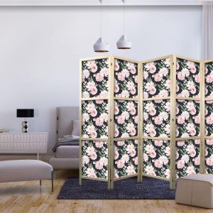 Paravent japonais - Peonies - Pink Flowers and Green Leaves on a Graphite Background