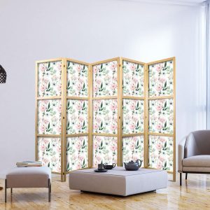 Paravent japonais - Peonies - Pink and White Flowers and Green Leaves on a White Background