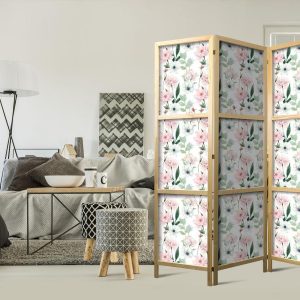 Paravent japonais - Peonies - Pink and White Flowers and Green Leaves on a White Background