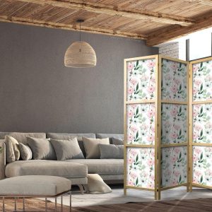 Paravent japonais - Peonies - Pink and White Flowers and Green Leaves on a White Background