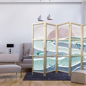 Paravent japonais - Picturesque Landscape with Fish - Sunset and Koi Fish in Shades of Turquoise and Blue Floating Above Water