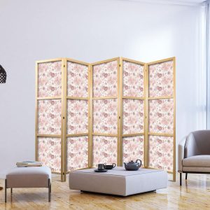 Paravent japonais - Pink Blossoming - Flowers in Warm Colors on a White Background