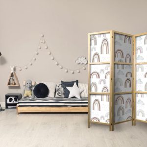 Paravent japonais - Rainbows and Clouds - Various-sized rainbows in muted colors among rain clouds in a pale blue shade