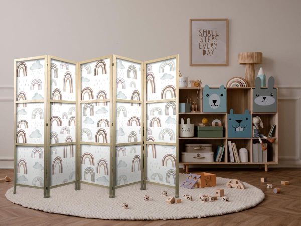 Paravent japonais - Rainbows and Clouds - Various-sized rainbows in muted colors among rain clouds in a pale blue shade