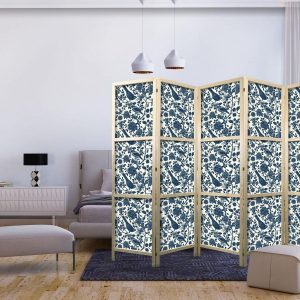 Paravent japonais - Rose Vines - Monochromatic Blue Birds Resting Among Roses