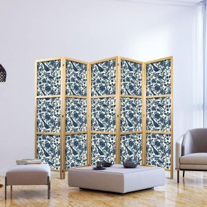 Paravent japonais - Rose Vines - Monochromatic Blue Birds Resting Among Roses