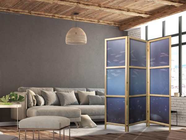 Paravent japonais - School of Small Fish - Illuminated Oceanic Depth in Shades of Navy Purple and Gray with a School of Tiny Fish