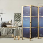 Paravent japonais - School of Small Fish - Illuminated Oceanic Depth in Shades of Navy Purple and Gray with a School of Tiny Fish