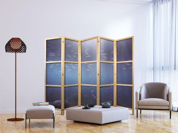 Paravent japonais - School of Small Fish - Illuminated Oceanic Depth in Shades of Navy Purple and Gray with a School of Tiny Fish