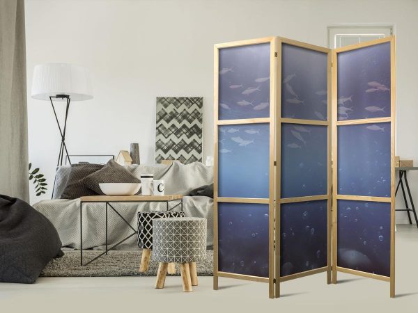 Paravent japonais - School of Small Fish - Illuminated Oceanic Depth in Shades of Navy Purple and Gray with a School of Tiny Fish