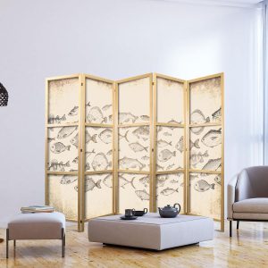 Paravent japonais - Sketch of a School of Fish - Sketches of Various Species of Fish Swimming in a School on a Beige Background in Vintage Style