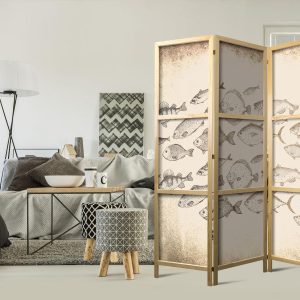 Paravent japonais - Sketch of a School of Fish - Sketches of Various Species of Fish Swimming in a School on a Beige Background in Vintage Style