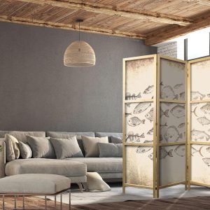 Paravent japonais - Sketch of a School of Fish - Sketches of Various Species of Fish Swimming in a School on a Beige Background in Vintage Style