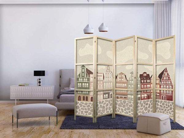 Paravent japonais - Solny Square - Colorfully Illustrated Townhouses Against a Sky with Clouds