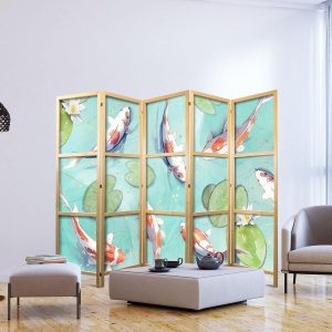 Paravent japonais - Spectacular Fish - White-Orange Koi Fish Swimming in Crystal Clear Water with Water Lilies