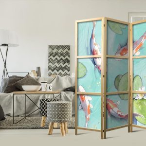 Paravent japonais - Spectacular Fish - White-Orange Koi Fish Swimming in Crystal Clear Water with Water Lilies