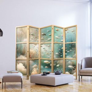 Paravent japonais - Spectacular Underwater Landscape - Fish in the Underwater World in Colors of Turquoise Blue Beige and Delicate Orange