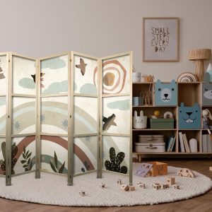 Paravent japonais - Sun Above the Rainbow - Birds in subdued colors - flying among clouds above a rainbow and vegetation on a light beige background