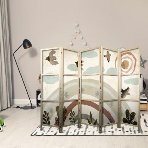 Paravent japonais - Sun Above the Rainbow - Birds in subdued colors - flying among clouds above a rainbow and vegetation on a light beige background