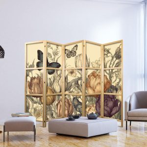 Paravent japonais - Tulips in Cream - Illustration of Flowers and Butterflies on a Light Background