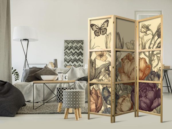 Paravent japonais - Tulips in Cream - Illustration of Flowers and Butterflies on a Light Background