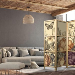 Paravent japonais - Tulips in Cream - Illustration of Flowers and Butterflies on a Light Background