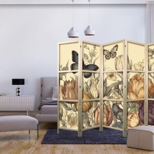 Paravent japonais - Tulips in Cream - Illustration of Flowers and Butterflies on a Light Background